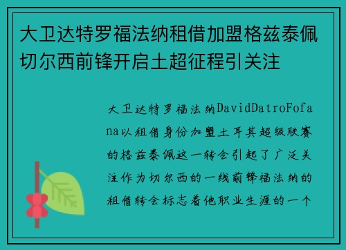大卫达特罗福法纳租借加盟格兹泰佩切尔西前锋开启土超征程引关注